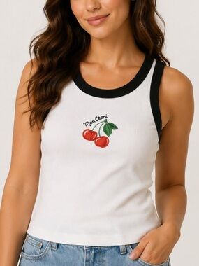 Old Navy White Tank Top with Black Trim and Cherry Embroidery